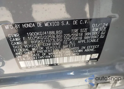 2024 Honda Hr-V 2Wd Sport/2Wd Sport W/O Bsi из США, поврежденный, VIN 3CZRZ1H51RM739563